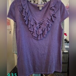 Womans Designer Kenar Purple Ruffle V-Neck Knit Top Sz Med Cap Sleeves